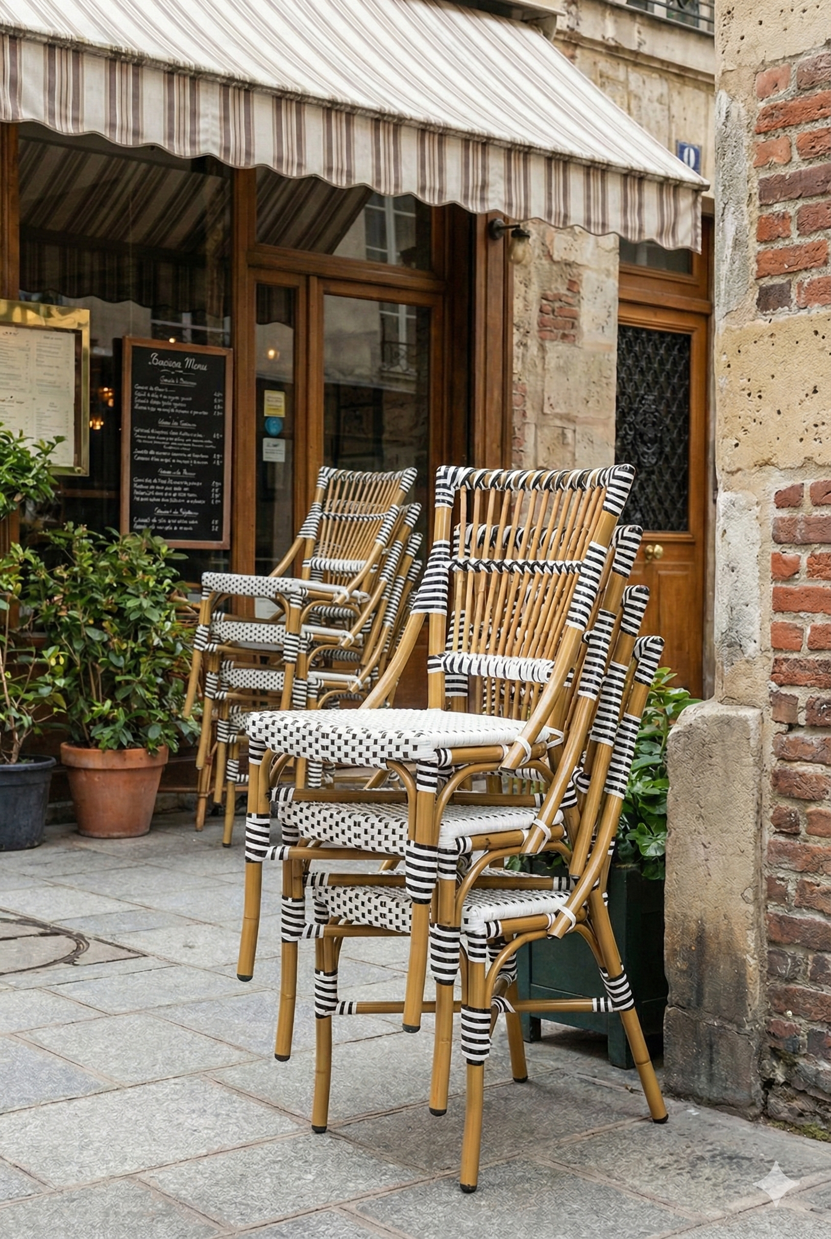 Chaise bistrot rotin noir et blanc extérieur