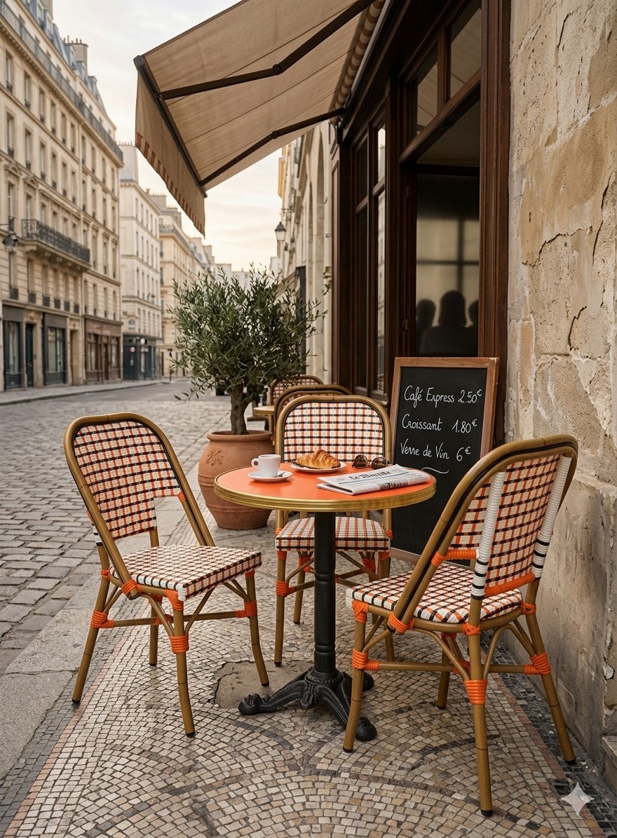 Ensemble bistrot terrasse orange pliable 60cm chaise rottin orange et noir
