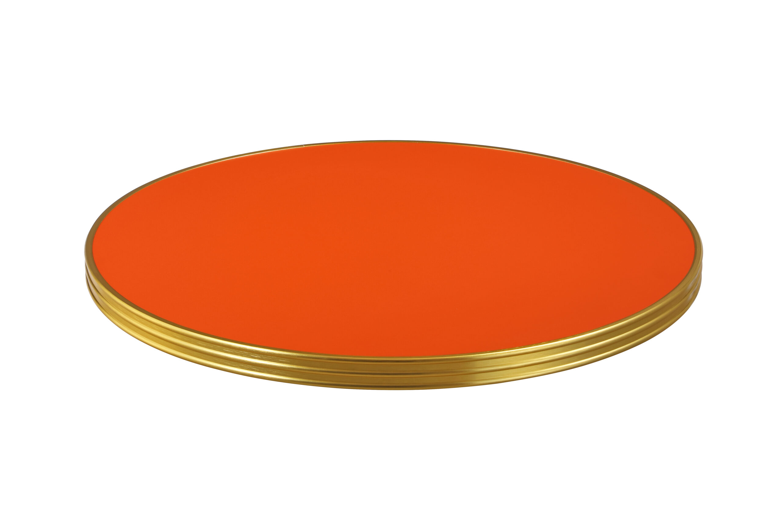 Plateau de table bistrot CHR AMSTERDAM rond 60 cm stratifié orange avec cerclage aluminium laiton
