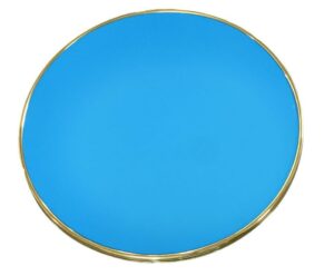 Plateau table bistrot rond Ø60 cm – Bleu turquoise cerclé laiton – Restaurant terrasse CHR – Ibiza