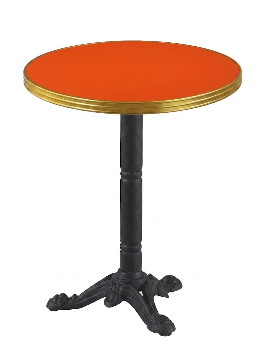 Table bistrot pliante orange Ø60 cm avec cerclage laiton pour terrasse restaurant CHR