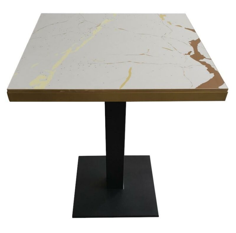 Table de restaurant hpl marbre blanc doré 60x60cm. Réf : BLANCO TBL-CUBA-6060