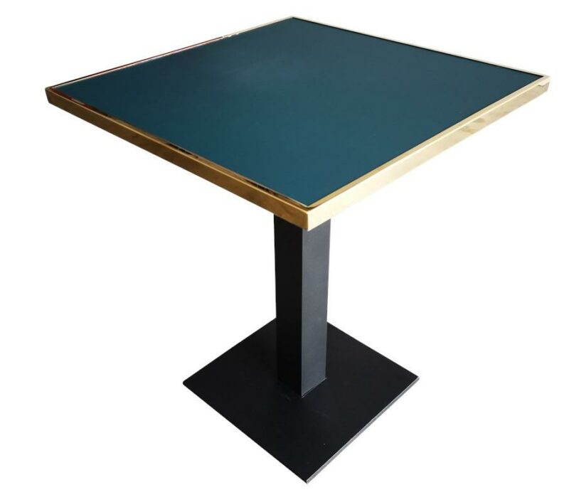 Table Bistrot Carrée 60x60cm, Plateau vert RAL 6004, Cadre Laiton, Piètement Fonte Noir - Idéal CHR - Réf: NATURA-TBL-INT-CUBA6060