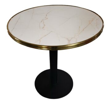 Table Bistrot Intérieur Ø60/70 Marbre Beige & Laiton – Pied Fonte Noir Rond- Réf: AMORE-TBL-INT-RONDA60