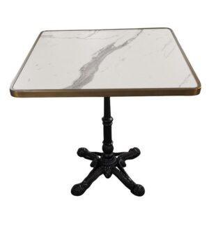 Table terrasse bistrot 60x60 cm carrée – Plateau stratifié marbré blanc – Piètement fonte noir – Extérieur CHR – CALACATTA-TBL-1