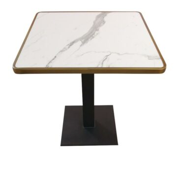 Table Bistrot Carrée Calacatta 60x60cm/70x70cm - Plateau Marbre Blanc, Cadre Laiton, Piètement Fonte Noir - CHR- Réf : TBL-INT-CUBA-CALACATTA