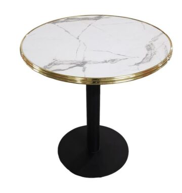 Table Bistrot Intérieur Calacatta Ø60 et Ø70 cm – Plateau HPL Marbre & Cerclage Laiton – Piètement Fonte Noir - Réf: Calacatta-TBL-INT-RONDA60/70