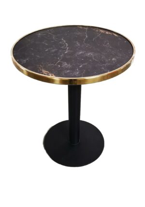 Table ronde CHR noir marbré 60 cm avec pied central acier noir et cerclage laiton