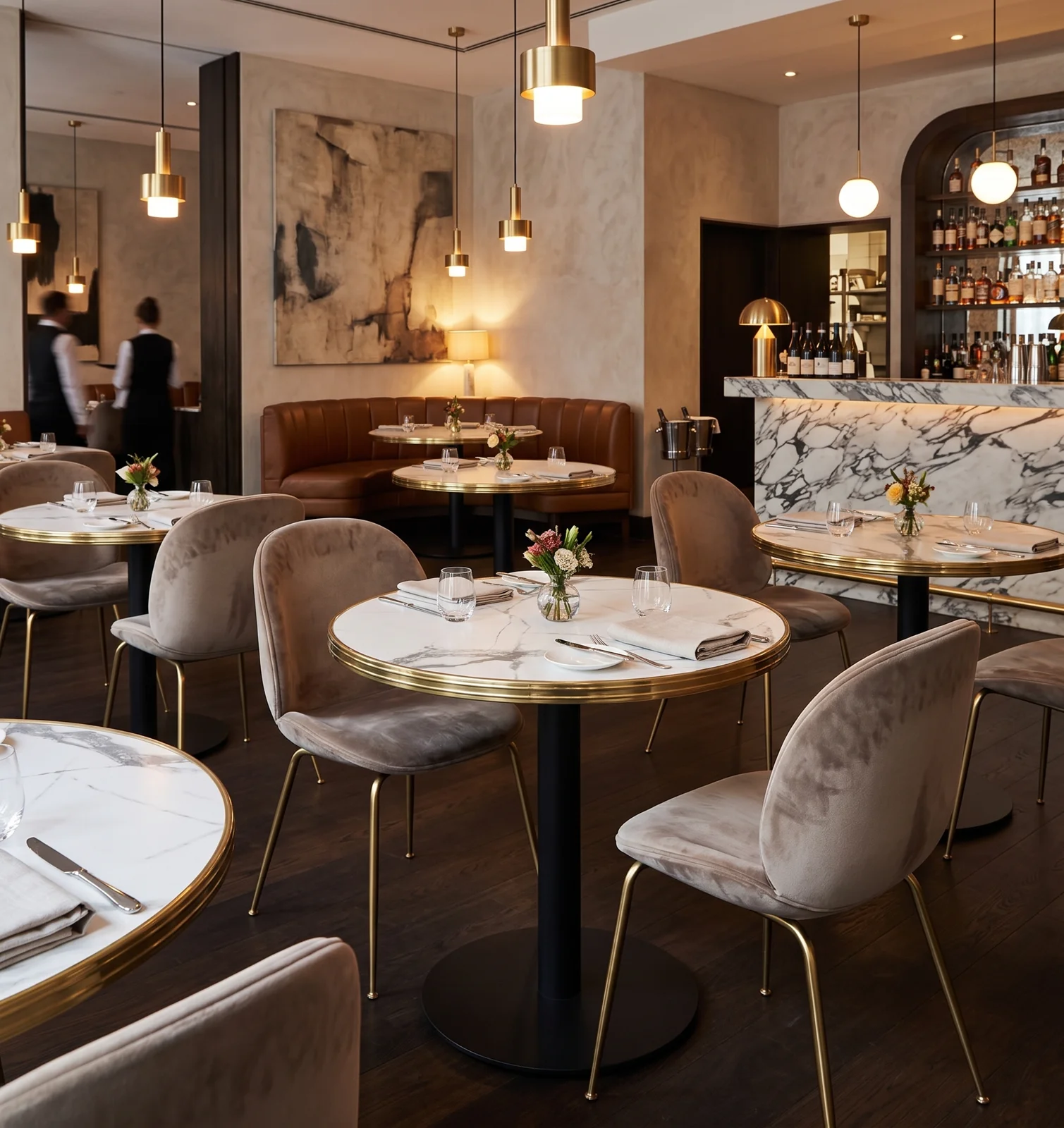 Table restaurant Calacatta 60cm avec pied RONDA45 en salle de restaurant
