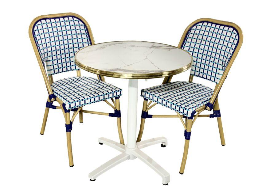 Ensemble bistrot Uruguay : Table blanc marbré et chaises bleu et blanc pour terrasse | CHR | Événements- Réf : PACK-URUGUAY