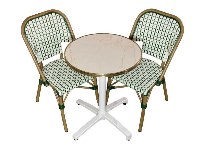 Ensemble bistrot Amore-Natura : Élégance et nature pour votre terrasse | Table marbré beige et chaises vertes pour terrasse | CHR | Événements- Réf : PACK-AMORE