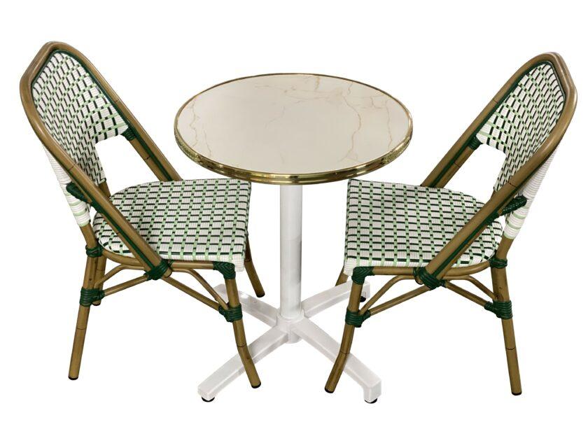 Ensemble bistrot Amore-Natura : Élégance et nature pour votre terrasse | Table marbré beige et chaises vertes pour terrasse | CHR | Événements- Réf : PACK-AMORE – Image 2