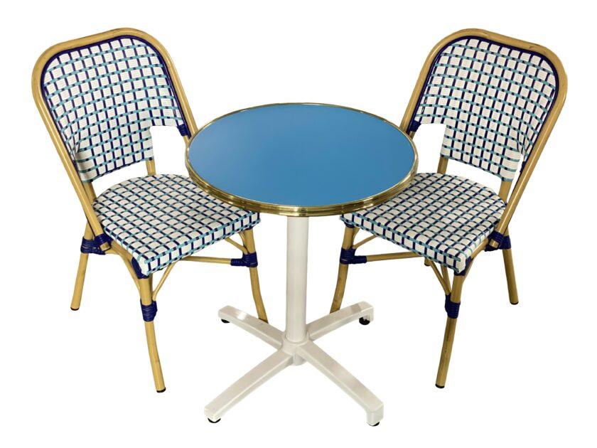 Ensemble bistrot Ibiza : Table bleu turquoise et chaises bleu et blanc pour terrasse | CHR | Événements- Réf : PACK-IBIZA-1