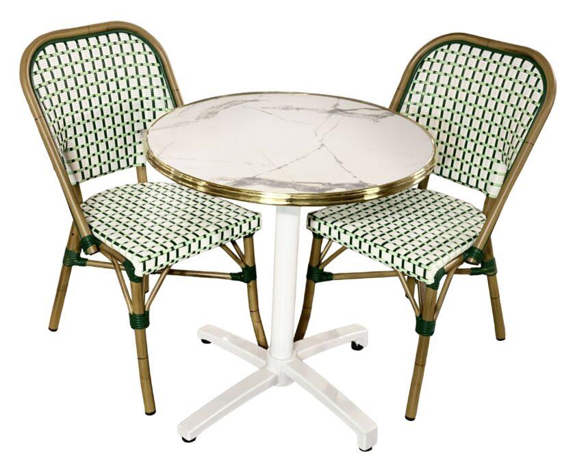 Ensemble bistrot Natura : Table marbré blanc et chaises vertes pour terrasse | CHR | Événements- Réf : PACK-NATURA-1