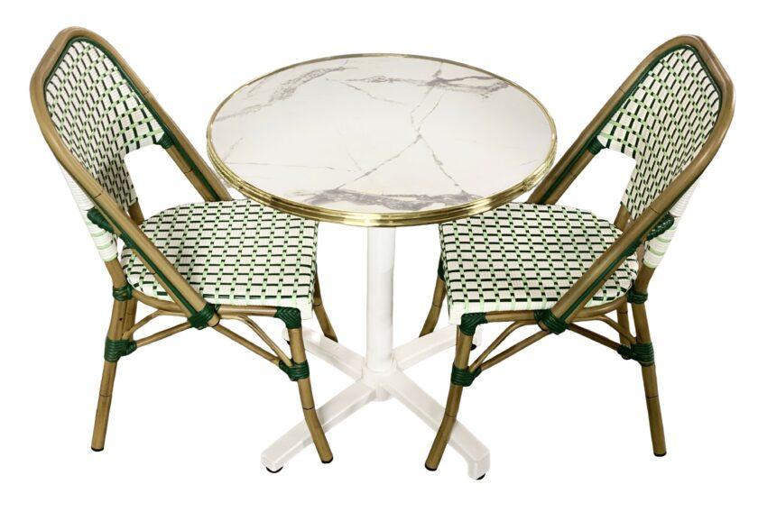 Ensemble bistrot Natura : Table marbré blanc et chaises vertes pour terrasse | CHR | Événements- Réf : PACK-NATURA-1 – Image 2