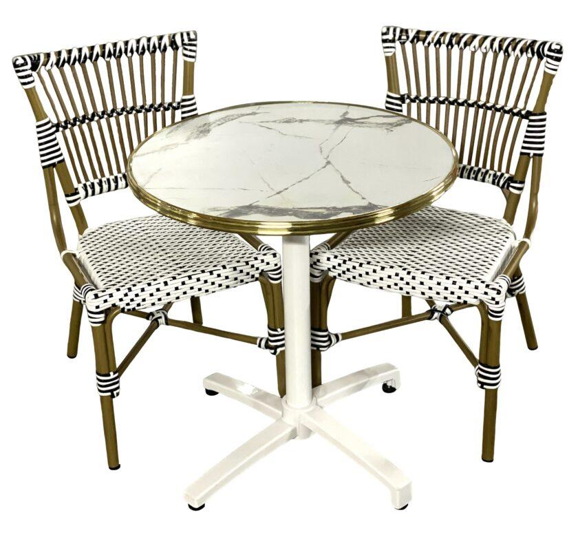 Ensemble bistrot noir et blanc marbré | Table et chaises aluminium pour terrasse HORECA - Réf : PACK-TORINO-1