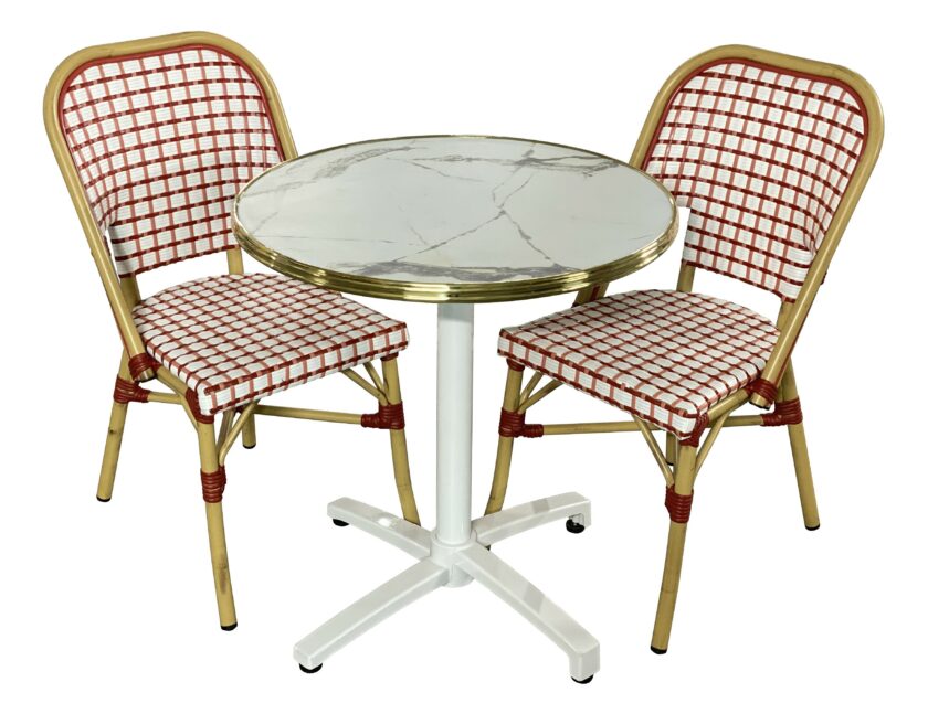 Ensemble bistrot avec table marbré Calacatta et 2 chaises rose et rouge pour terrasse HORECA - Réf : PACK-PINKY