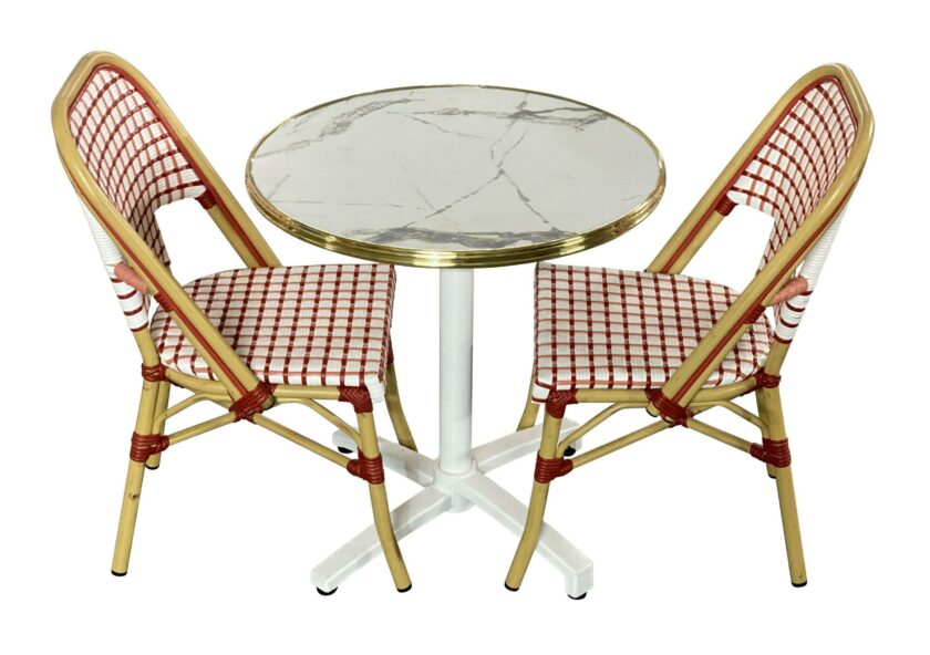 Ensemble bistrot avec table marbré Calacatta et 2 chaises rose et rouge pour terrasse HORECA - Réf : PACK-PINKY – Image 2