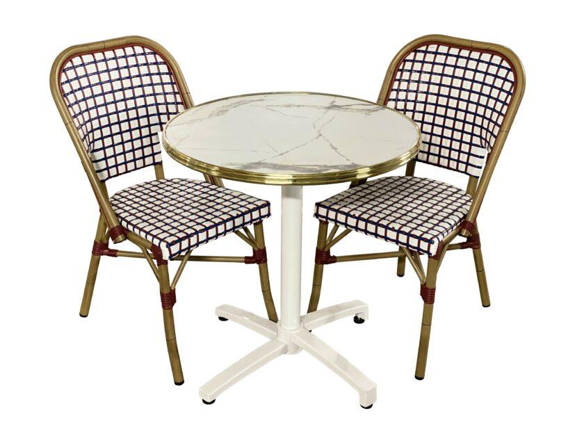 Ensemble bistrot "France" : Table marbré blanc Calacatta et chaises tricolores | Terrasse CHR & Événements- Réf : PACK-FRANCE