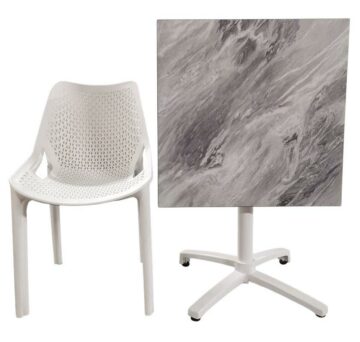 Ensemble de terrasse CHR/HORECA - Table pivotante Marbre Gris & Blanc 70x70cm & chaises blanches - Réf : Pack-PANAMA-VENISE