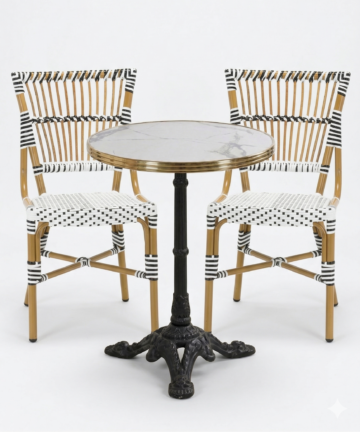 Ensemble terrasse restaurant professionnel avec table ronde Calacatta 60 cm et 2 chaises rotin Torino