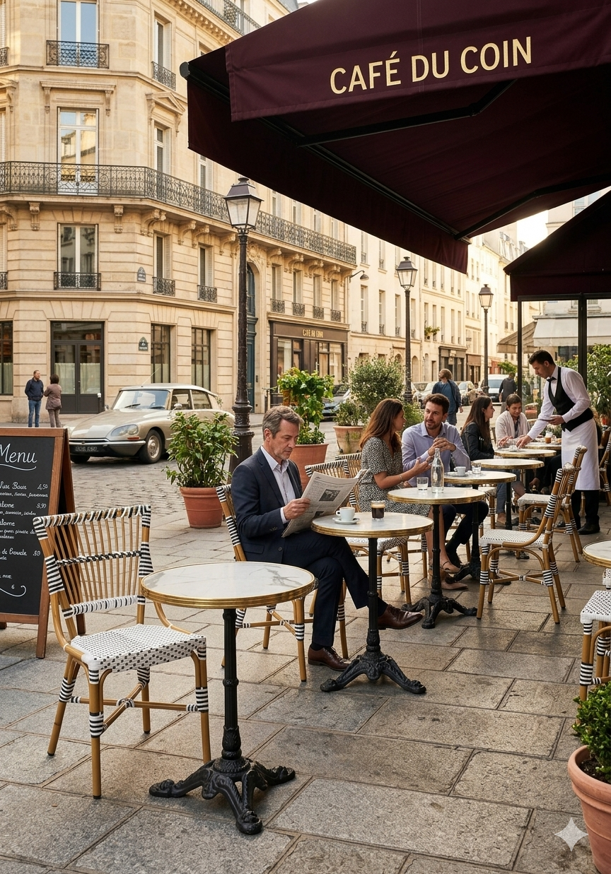 Ensemble terrasse restaurant professionnel avec table ronde Calacatta 60 cm et 2 chaises rotin Torino