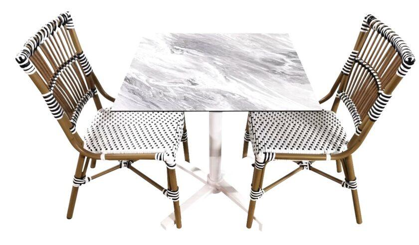 Ensemble de terrasse CHR/HORECA - Table pivotante 70x70cm & chaises bistrot rotin - Marbre Gris & Noir/blanc - Réf : PACK_VENISE_TORINO_1