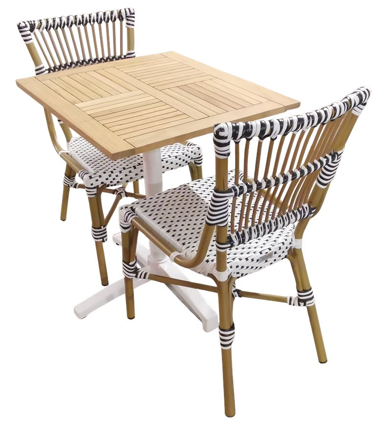 ensemble bistrot terrasse rotin table iroko pivotante restaurant