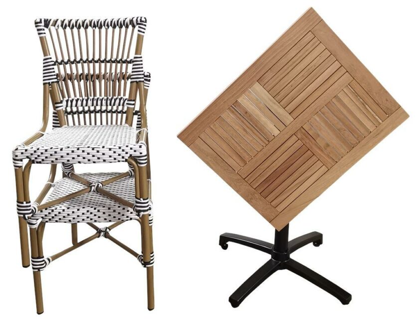 Ensemble bistrot composé de 2 chaises rotin & 1 table pivotante plateau bois d'iroko 60x70cm - Réf : Pack-ROKO-TORINO