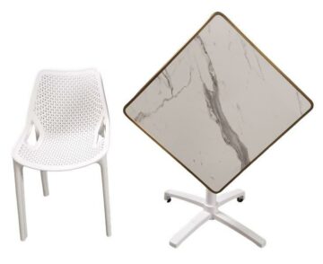 Ensemble de terrasse CHR/HORECA - Table bistrot pivotante marbre Calacatta 60x60/70x70cm & chaises blanche - Réf: PACK-PANAMA-CALACATTA