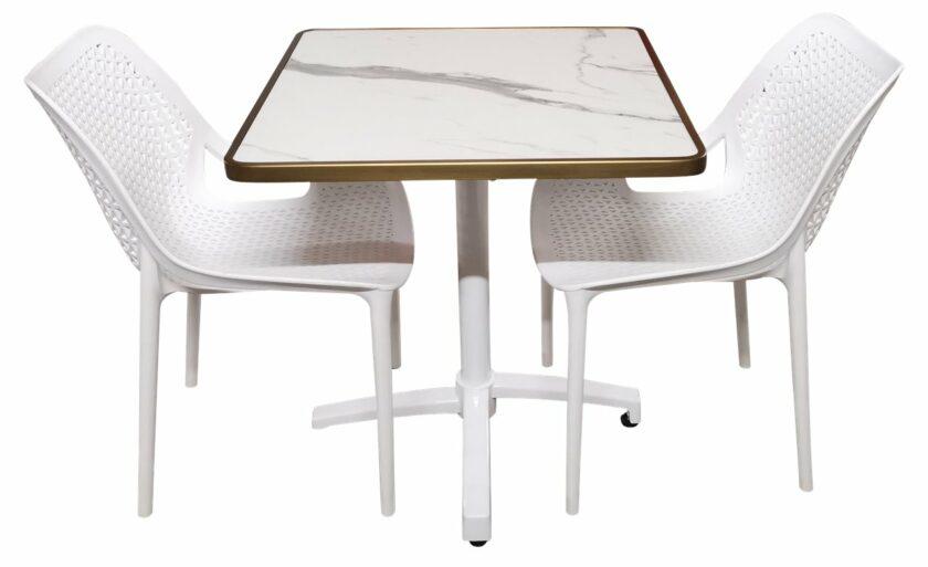 Ensemble de terrasse CHR/HORECA - Table bistrot pivotante marbre Calacatta 60x60/70x70cm & chaises blanche - Réf: PACK-PANAMA-CALACATTA – Image 4