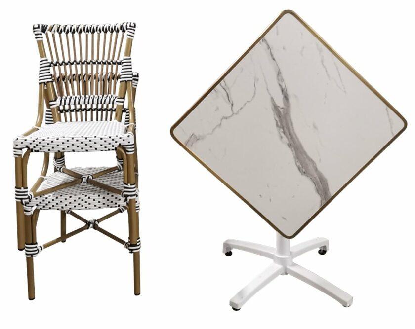 Ensemble extérieur de table bistrot pivotante et 2 chaises rotin noir/blanc - Réf : PACK-TORINO-2 – Image 2