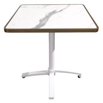 Table terrasse restaurant 60×60 cm carré – Plateau HPL marbré – Piètement aluminium blanc – Extérieur CHR – CALACATTA-TBL-5