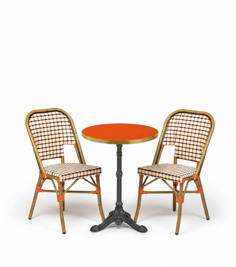 Ensemble bistrot professionnel – table 60 cm orange + 2 chaises rotin - Amsterdam 2 – Image 2