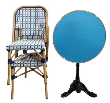 Ensemble Bistrot Terrasse URUGUAY & IBIZA : 2 Chaises Rotin Bleu, Plateau HPL 60cm bleu- PACK-BIST-IBIZA-URUGUAY