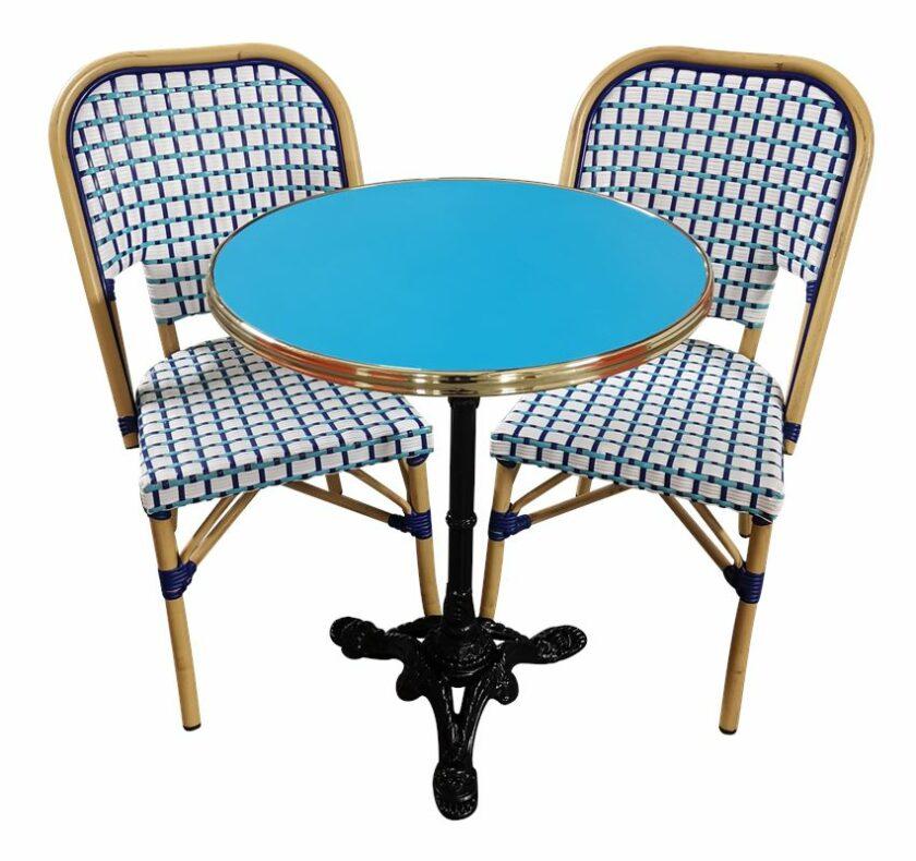 Ensemble Bistrot Terrasse URUGUAY & IBIZA : 2 Chaises Rotin Bleu, Plateau HPL 60cm bleu- PACK-BIST-IBIZA-URUGUAY – Image 2