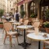 Ensemble terrasse bistrot professionnel pliable lèger avec table ronde marbre blanc 60 cm et 2 chaises rotin noir orange Amsterdam