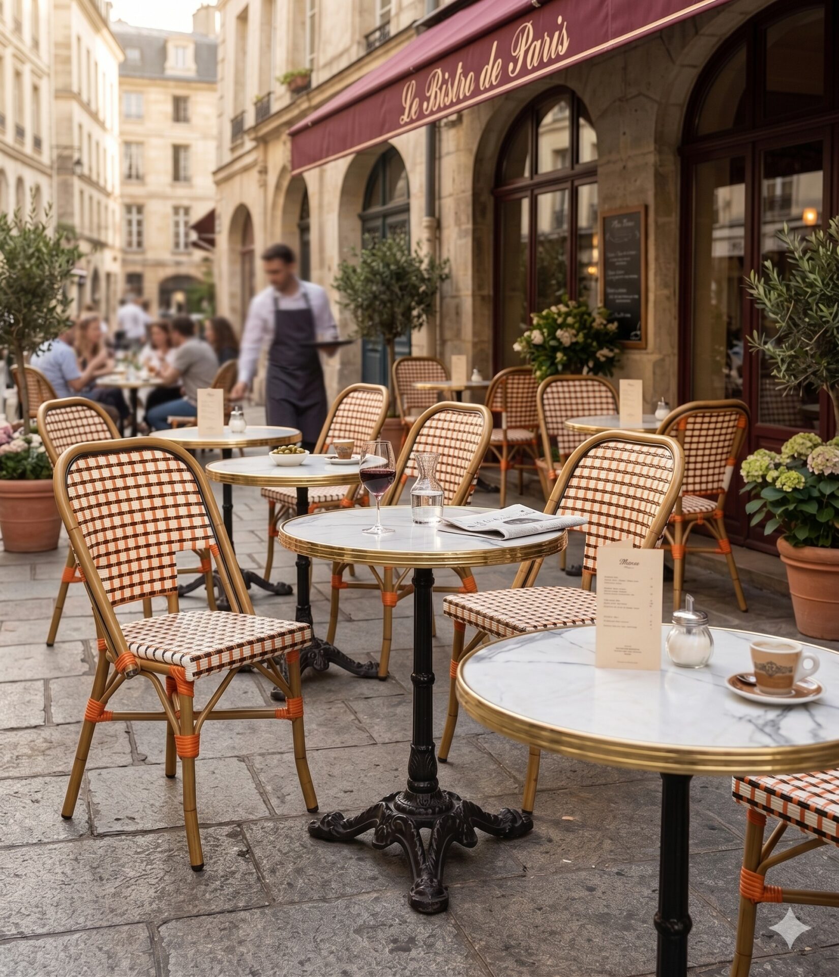 Ensemble terrasse bistrot professionnel pliable lèger avec table ronde marbre blanc 60 cm et 2 chaises rotin noir orange Amsterdam