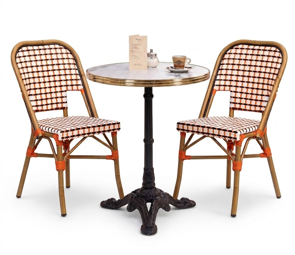 Ensemble terrasse bistrot pliable professionnel avec table ronde marbre blanc 60 cm et 2 chaises rotin noir orange Amsterdam
