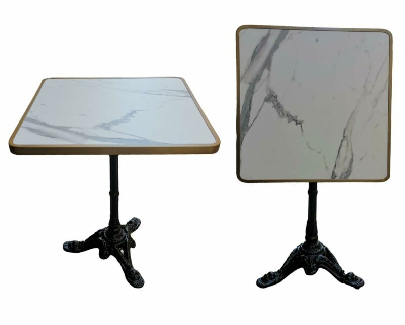 Table bistro extérieure légère – plateau marbre blanc HPL – pied aluminium noir – Rivaldi 60×60 cm