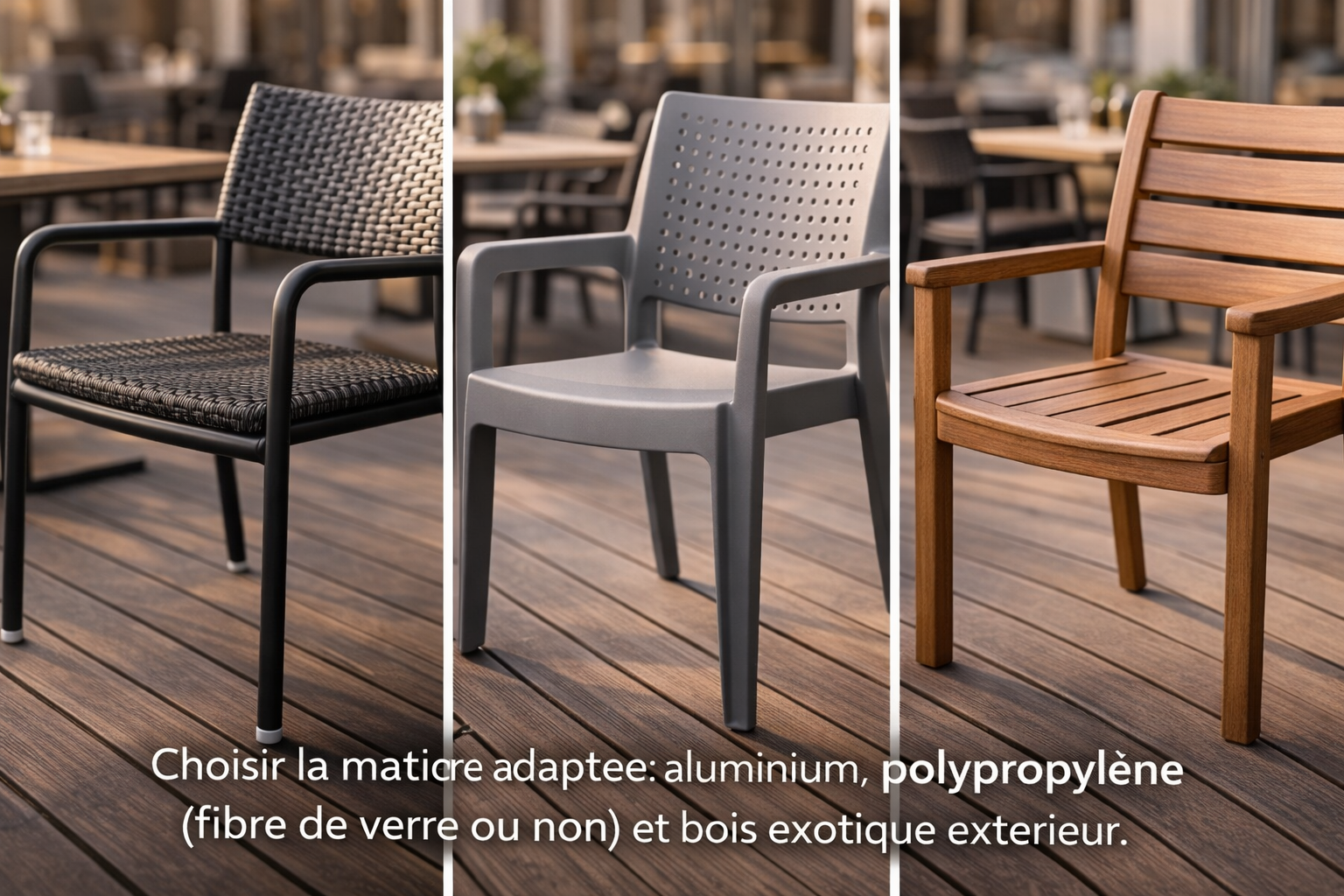 Chaise de terrasse CHR : comparaison de matériaux (bois exotique, aluminium, polypropylène renforcé) et critères pro pour achat en stock