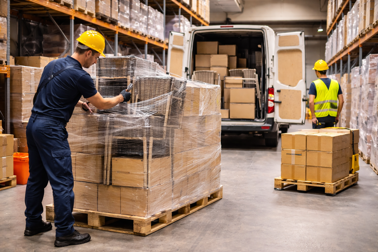 Préparation logistique d’une commande de mobilier CHR en stock pour livraison rapide (palette, cartons, contrôle)