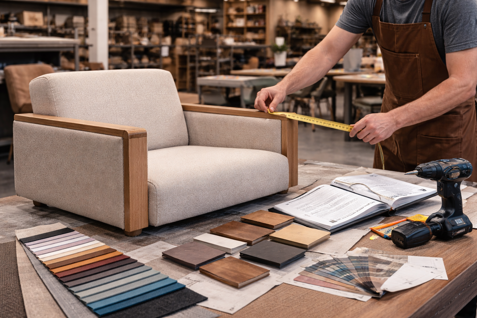 Mobilier CHR sur commande : artisan qui mesure un fauteuil avec échantillons de tissus et finitions