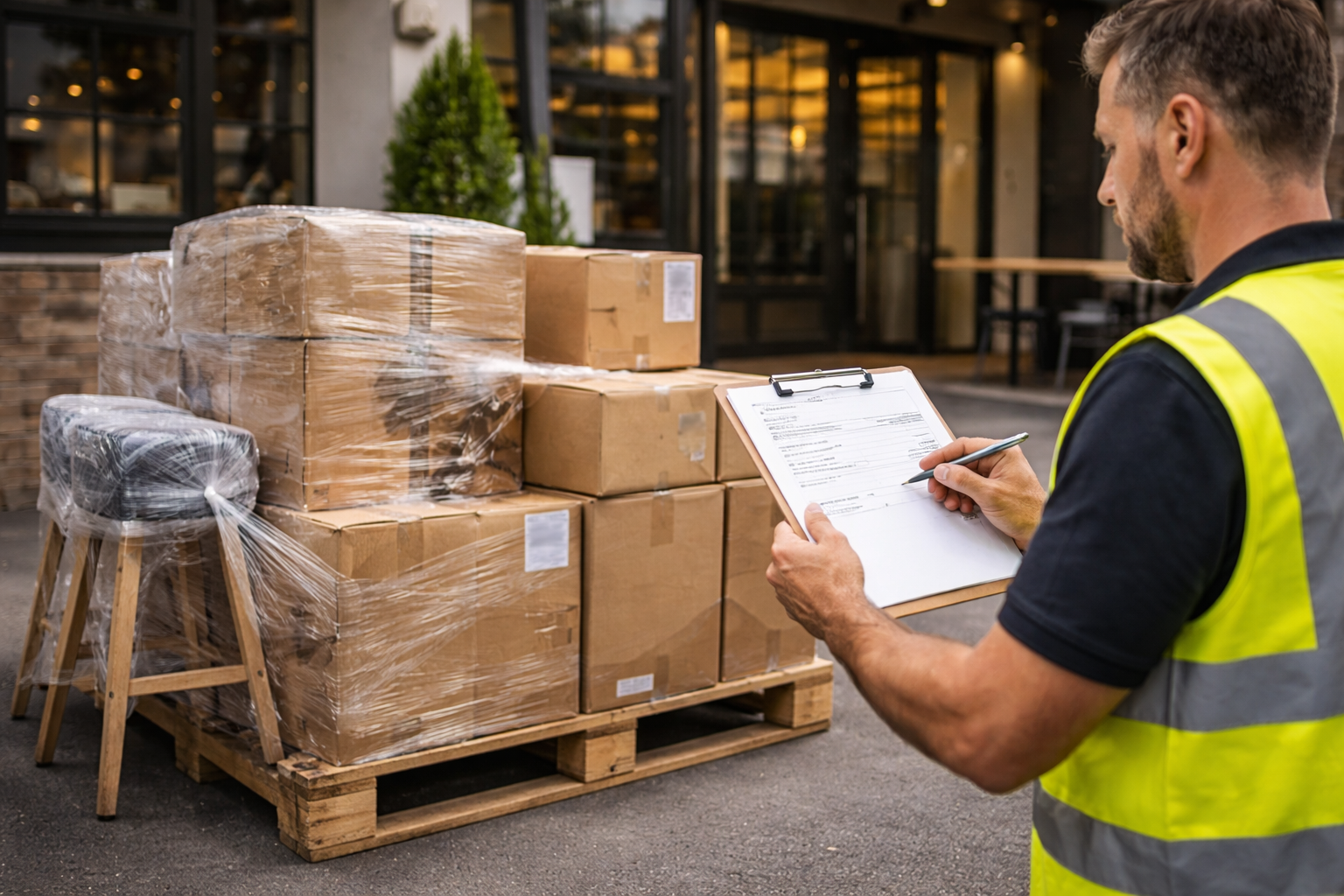 Réception mobilier CHR : contrôle de livraison (palette, cartons, réserves)