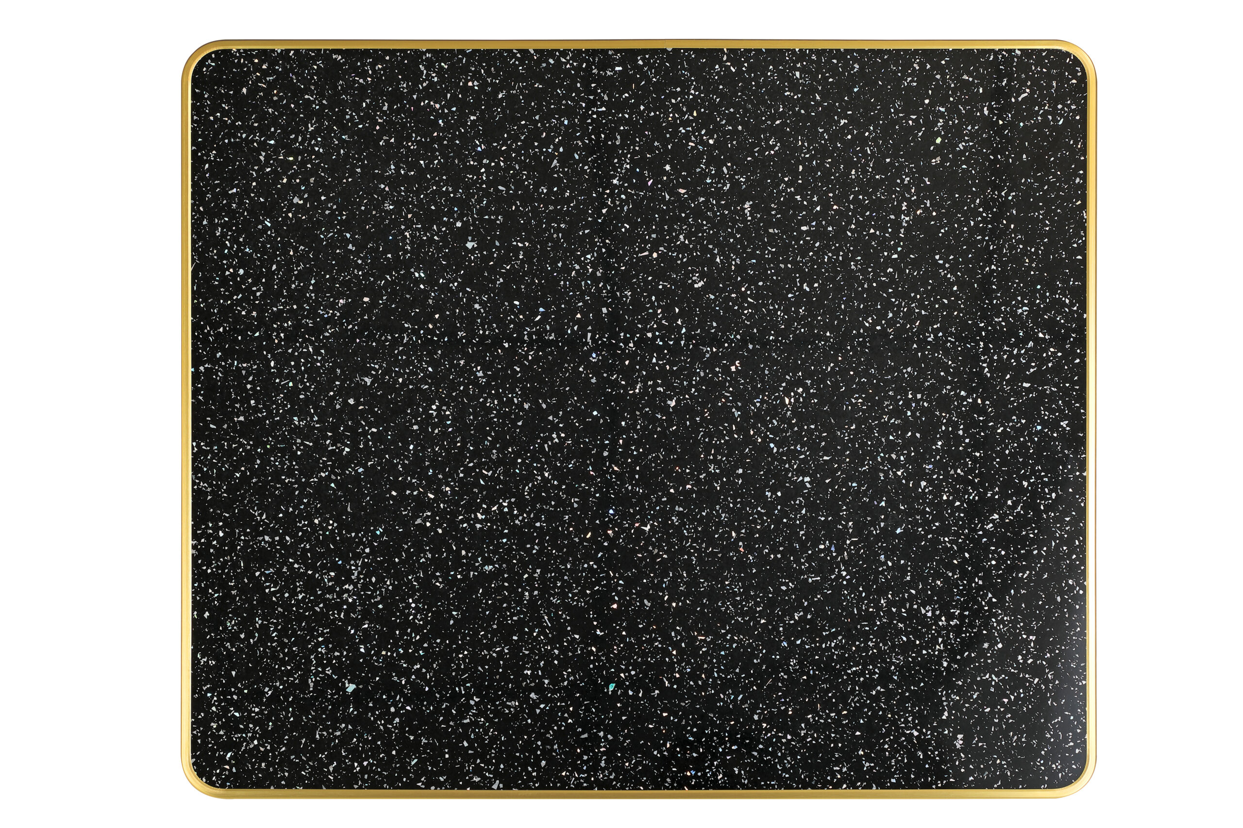 plateau de table bistrot CHR stratifié décor terrazzo noir brillant cerclage aluminium laiton