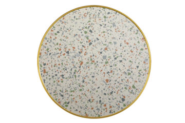 Plateau bistrot CHR terrazzo blanc en stratifié avec cerclage aluminium finition laiton