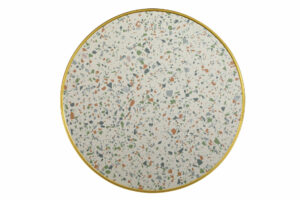 Plateau bistrot CHR terrazzo blanc en stratifié avec cerclage aluminium finition laiton