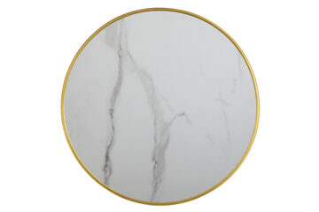 Plateau de table bistrot rond Calacatta blanc cerclé laiton intérieur extérieur