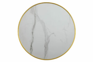 Plateau de table bistrot rond Calacatta blanc cerclé laiton intérieur extérieur
