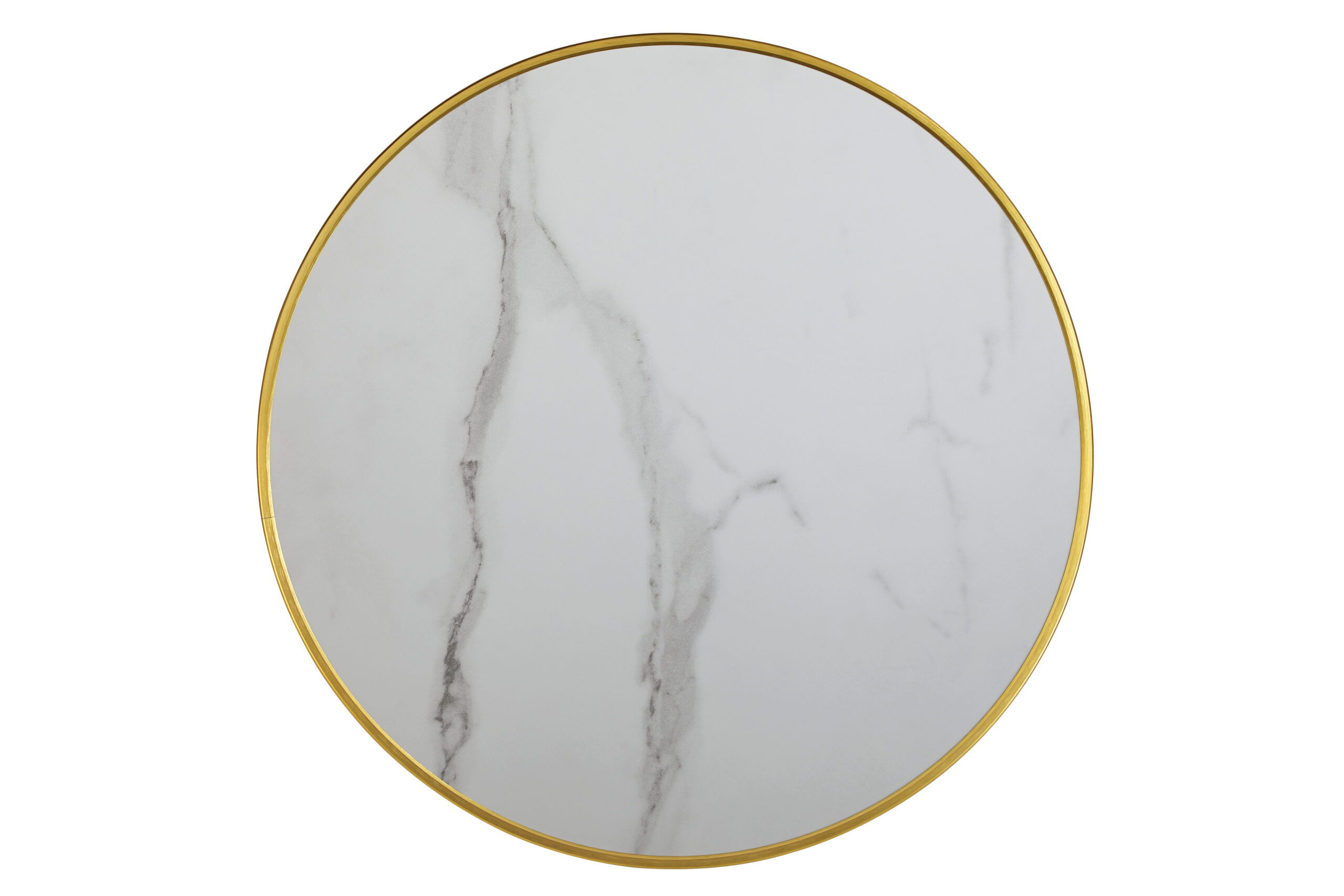 Plateau de table bistrot rond Calacatta blanc cerclé laiton intérieur extérieur